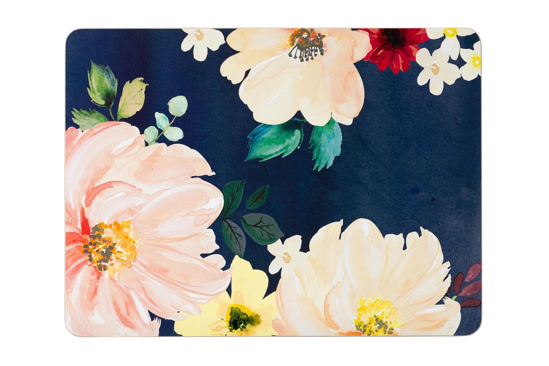 Maison & White Multicolor Cork Backed Placemats With Floral Design, Navy Blue Background With Pink And Cream Flowers, Set Of 4