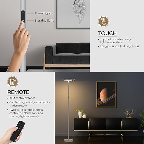 Miniatura 4 de FIMEI Lámpara de pie para sala de estar, diseño original de anillo Saturno, lámpara de pie moderna giratoria LED brillante, atenuación continua y 3