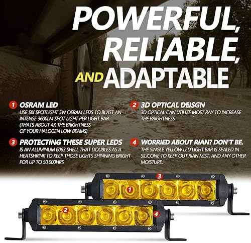 Miniatura 10 de Chelhead Barra de luz LED delgada, barra de luz de 7 pulgadas, haz de inundación, luz antiniebla amarilla, fila única, 30 W, 3600 lm, barra de faros