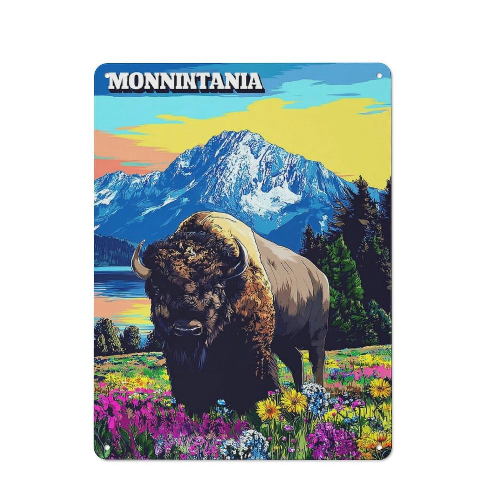 Junmoney Montana Majesty Bison In Bloom Tin Wall Plaque 40X30cm With For Kitchen Or Home Bar, A Christmas Gift For People Styling Kitchen And Home Bar