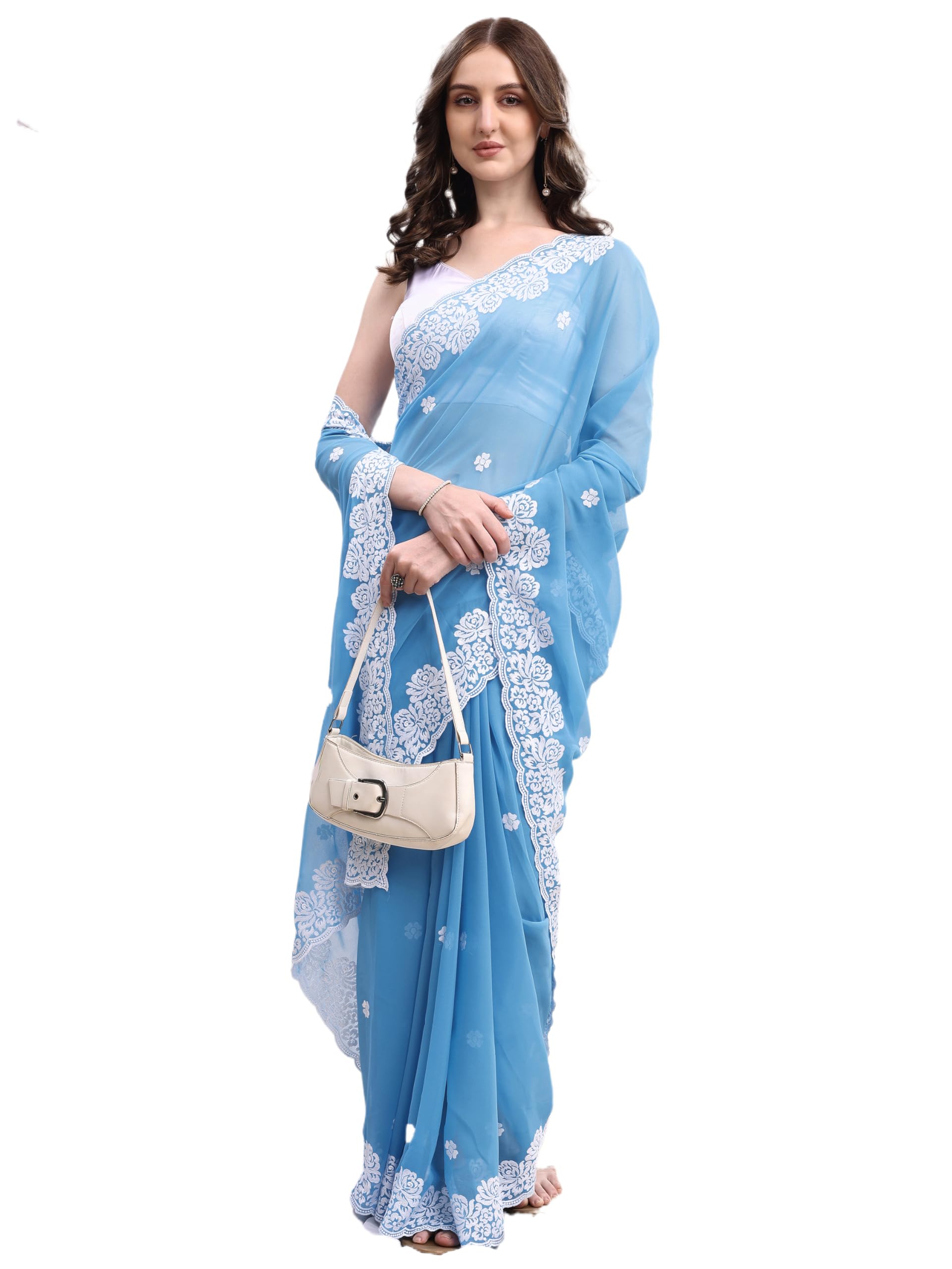 Georgette Saree with White Chikankari Embroidery & Satin Blouse Piece-image-15