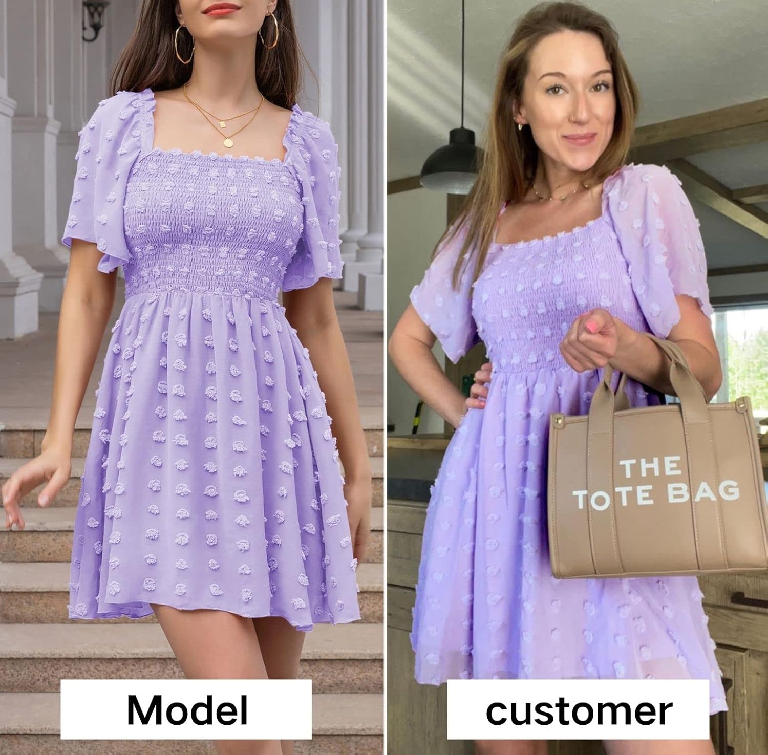 EXLURA Women's 2026 Summer Casual Square Neck Dresses Ruffle Short Sleeve Swiss Dot Flowy Mini Dress - Image 4