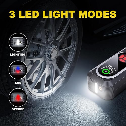 Miniatura 3 de Q10 Arrancador de salto con compresor de aire, 150PSI 5000A batería de coche (7.0L Gas5.5L Diesel) con inflador digital de neumáticos, caja de salto