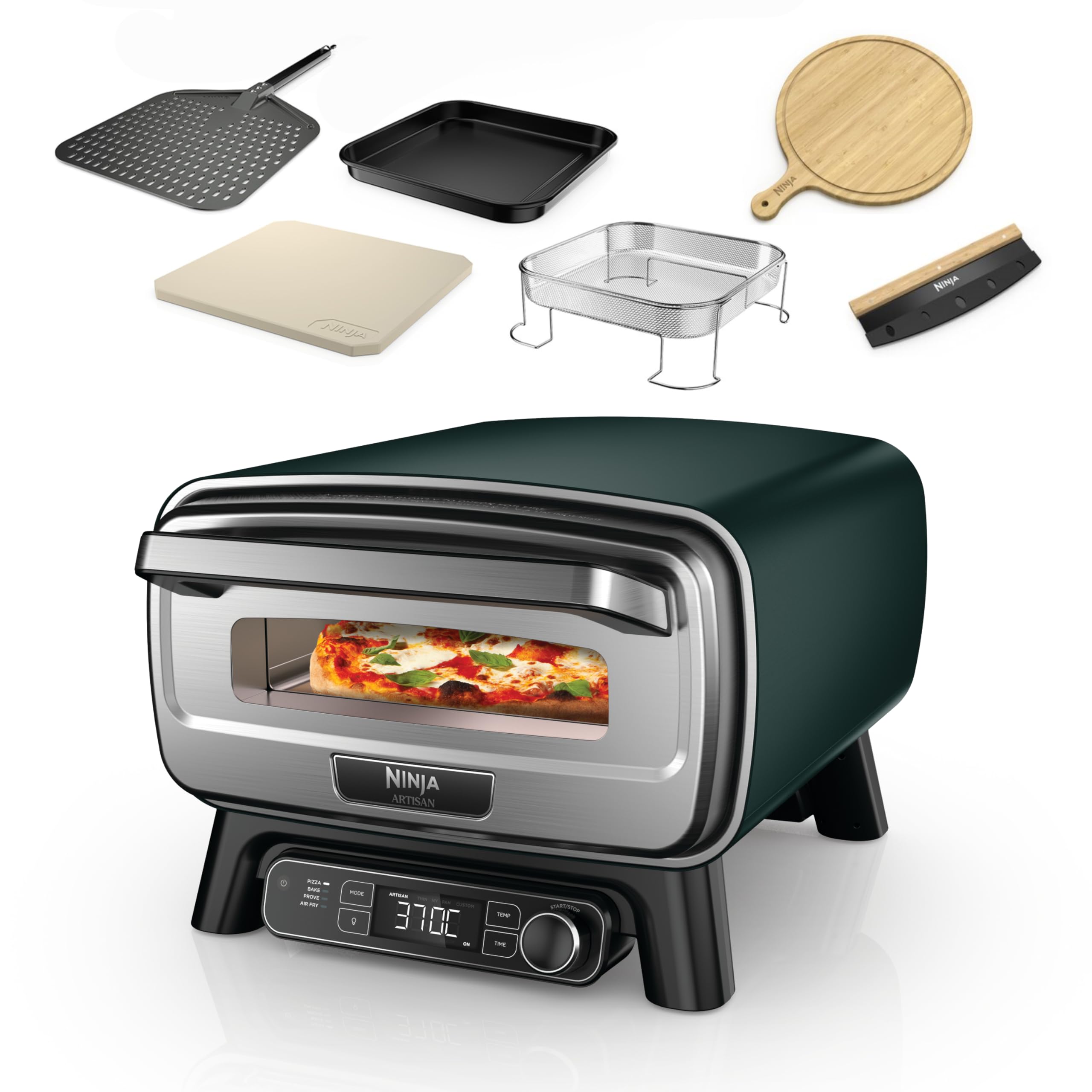 Ninja Artisan Forno elettrico per pizza e friggitrice ad aria da esterno, 4 programmi di cottura, tagliere, tagliapizza, pietra refrattaria 30 cm, pala, teglia, cestello per frittura, verde MO201AMZEU