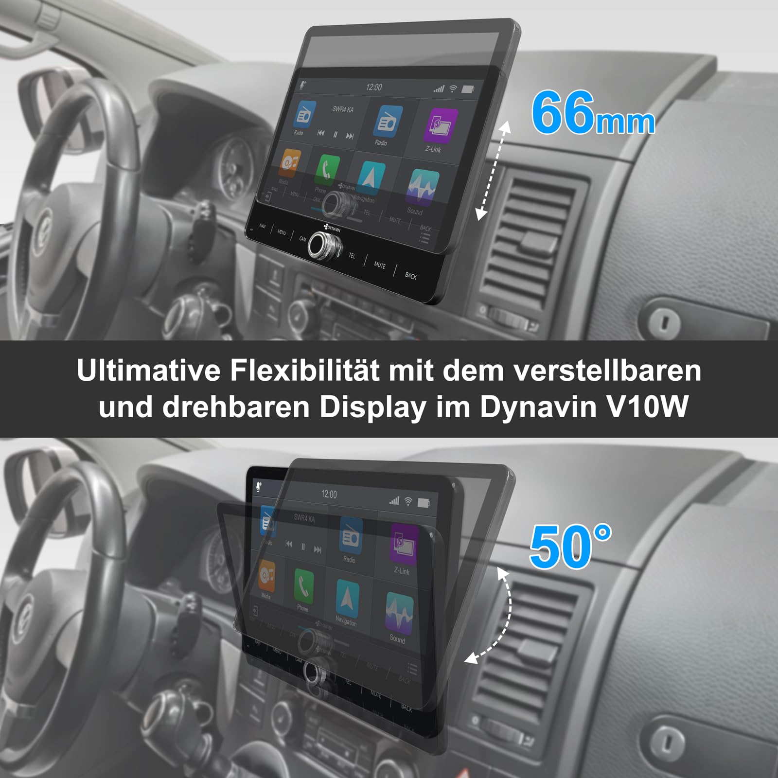 DYNAVIN Android Autoradio Navi für VW T5 T6 Caddy Tiguan Sharan Skoda, 10,1 Zoll Radio mit Wireless Carplay und Android Auto | Head-up Display | Inkl. DAB+: D9-V10W PR F