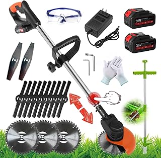 Cordless Grass Trimmer Portable Weed Wacker String Trimmer with 2Pcs 36TV/ 3000Ah Battery Electric Edger Weed Eater Weed Brush Cutter Kit, Grass Cutter 15 Pcs Blades, for Garden & Yard
