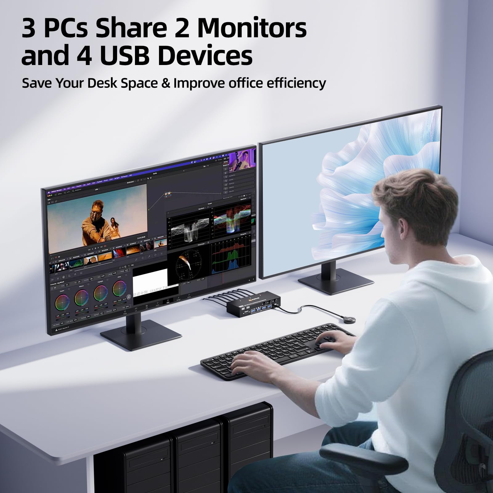 8K@60Hz HDMI Displayport Dual Monitore KVM Switch, ESKEVE KVM Switch 3 PC 2 Monitore Sharing 2 Monitore und 4 USB Geräte, mit Netzteil, Kabelfernbedienung und 3 USB Kabel