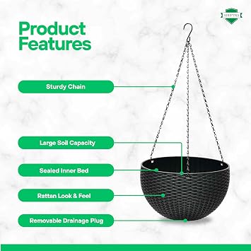 ADEPTNA Beautiful Rattan Effect Hanging Planter – 26cm (10