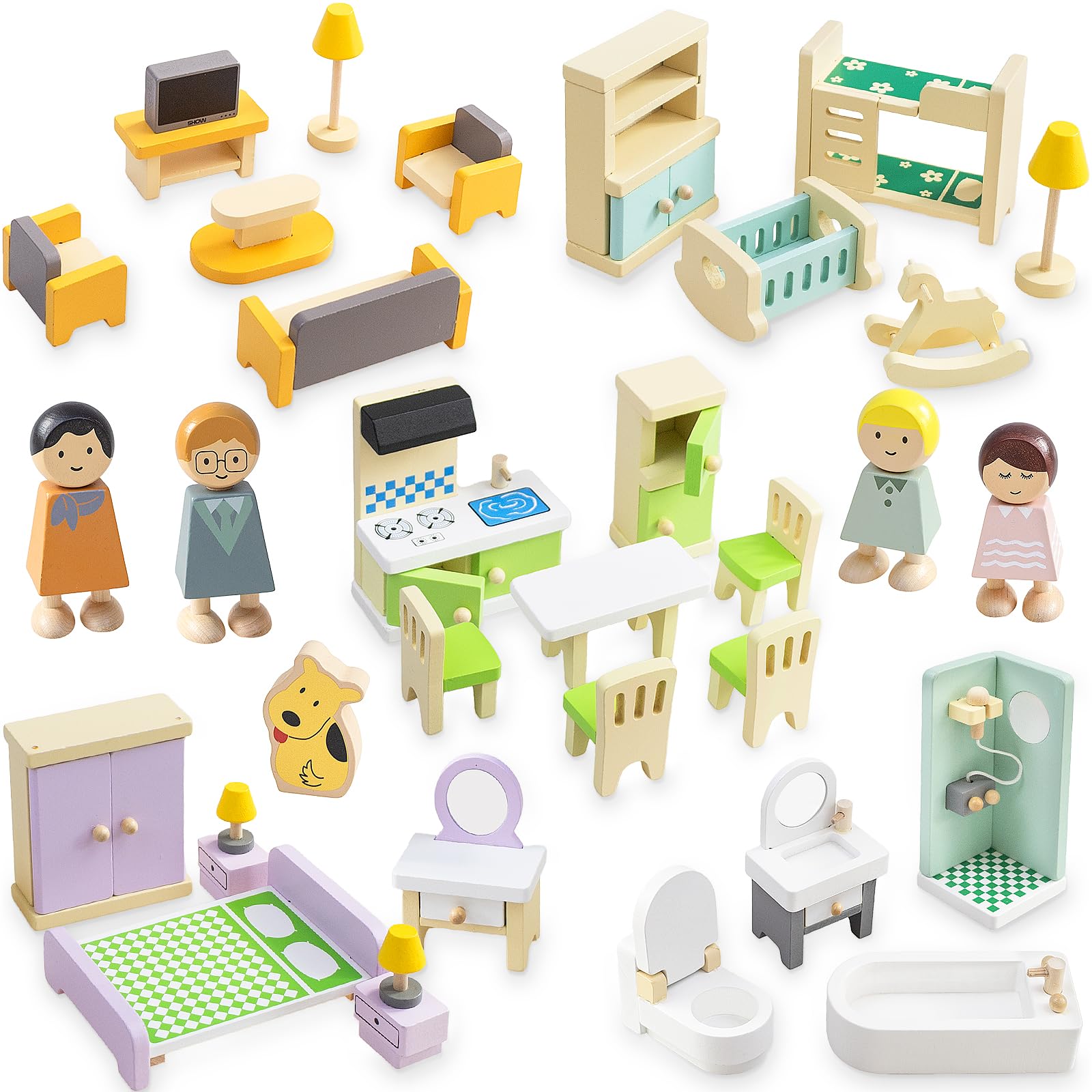 35PCS Wooden Dolls House Furniture Set,5 Room Kit Pretend Play Doll House Furniture,Dolls House Accessories with Kitchen,Living Room,Bedroom,Bathroom for Children Kids Girls