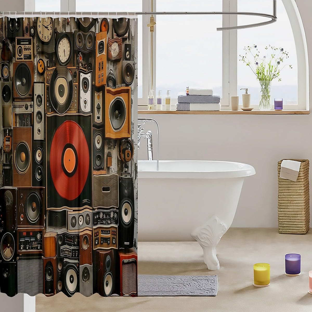 Erosebridal Music Shower Curtain Black Musical Instrument Fabric Shower Curtain Retro Pop Music Bathroom Shower Curtain Sets 72" W X 84" L Hippie Art Bath Curtain for Kids Boys Girls image 3