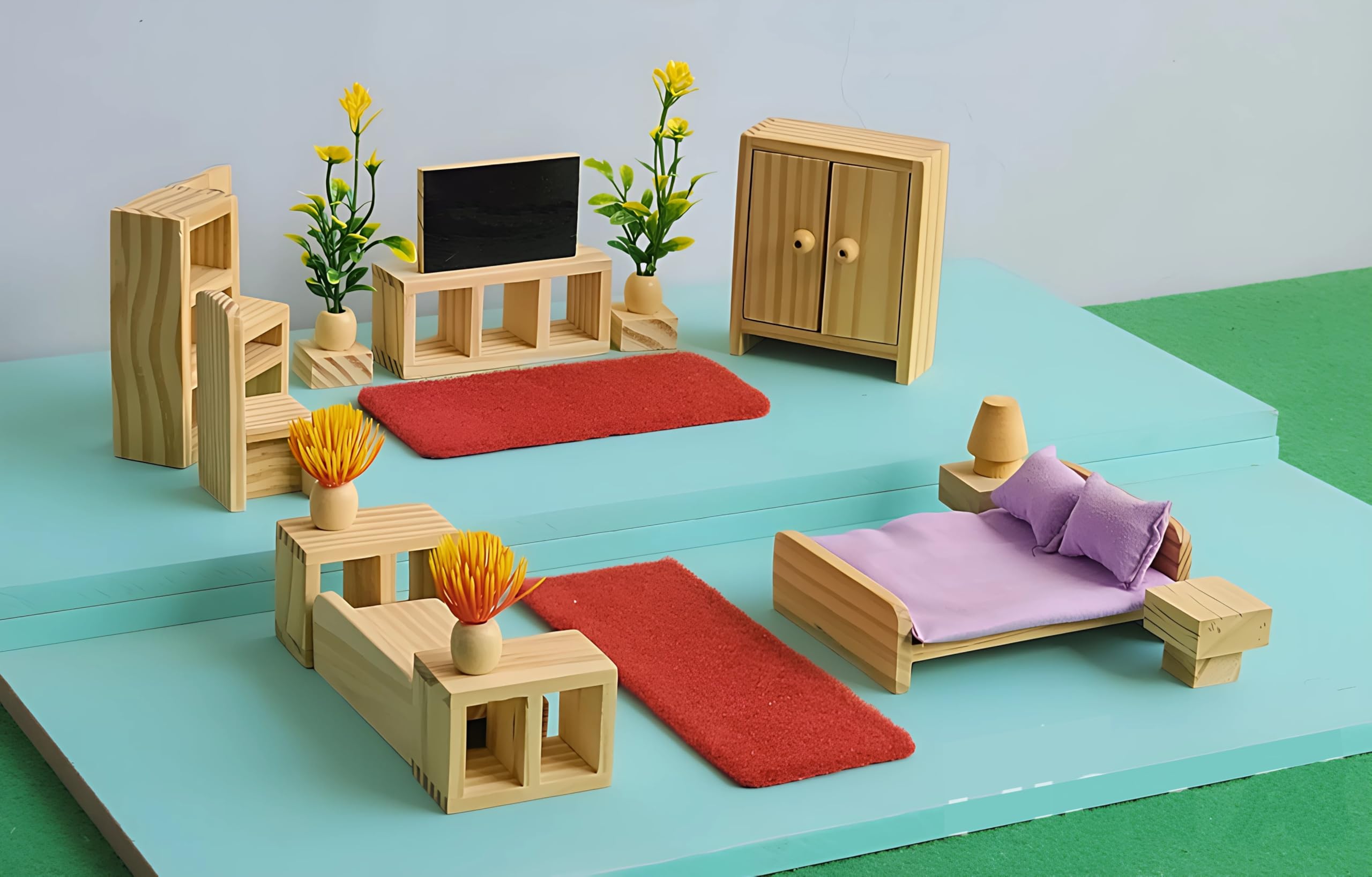 TinyMinyWorld Dollhouse Accessories Furniture Set (Wooden): Drawing Room - Kitchen - Bedroom - Toilet (Bedroom Grand +)