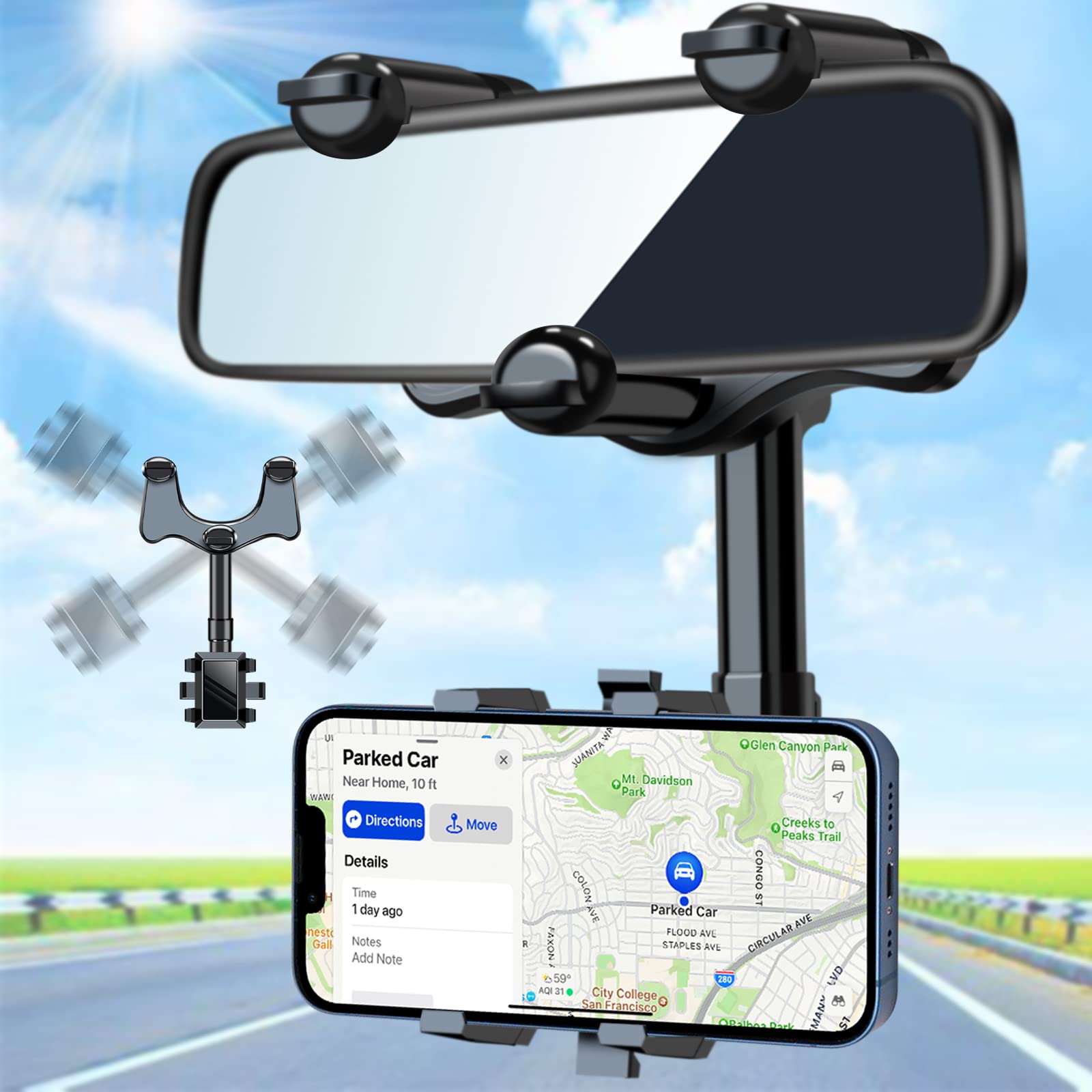 Rearview Mirror Phone Holder for Car,Rotatable and Retractable Car Phone Holder Mount 2023 Universal Multifunctional 360° Rear View Mirror Phone Holder Pro Clip Car Mirror Phone Mount for Cell Phone