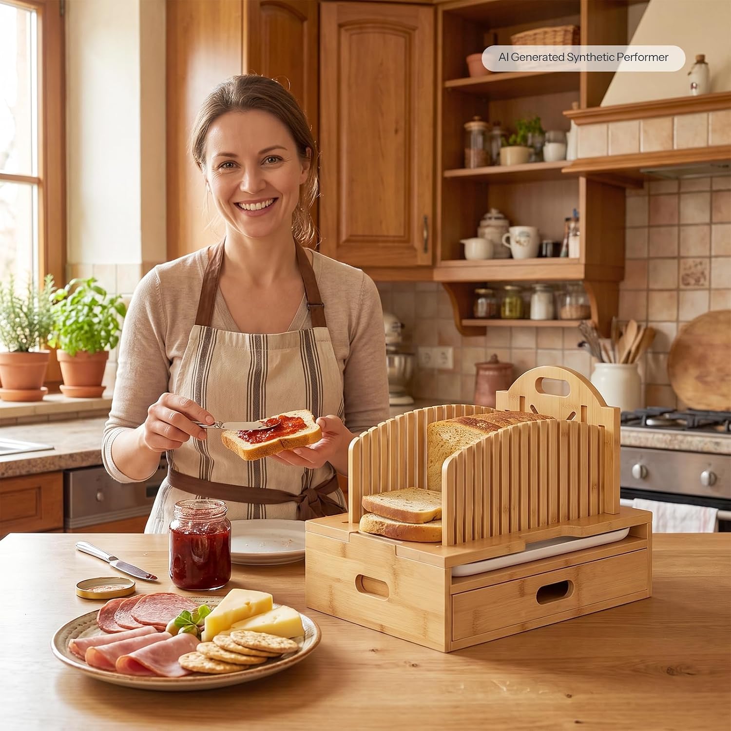HOOBRO Bamboo Bread Slicer for Homemade Bread, with Crumb Tray