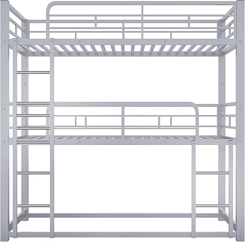 Miniatura 246 de Litera en forma de L individual sobre cama matrimonial adjunta, litera triple de metal con escritorio y tobogán integrados, marco de literas de