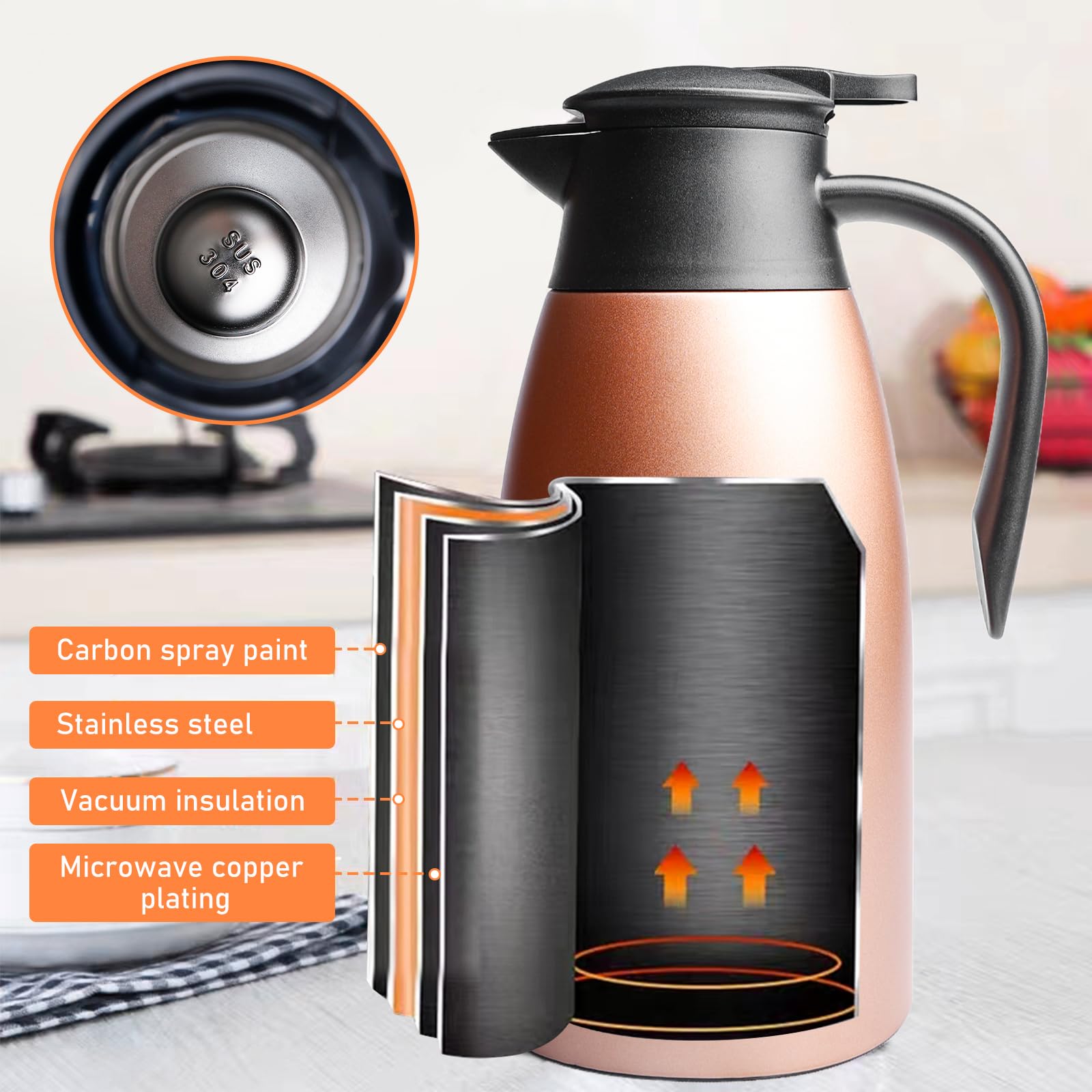 Caffettiera in acciaio inox: thermos da 2 l, rosa caffettiera thermos, a doppia parete, per uso domestico, in acciaio inox, per famiglia e ufficio, caraffe per bevande calde e fredde