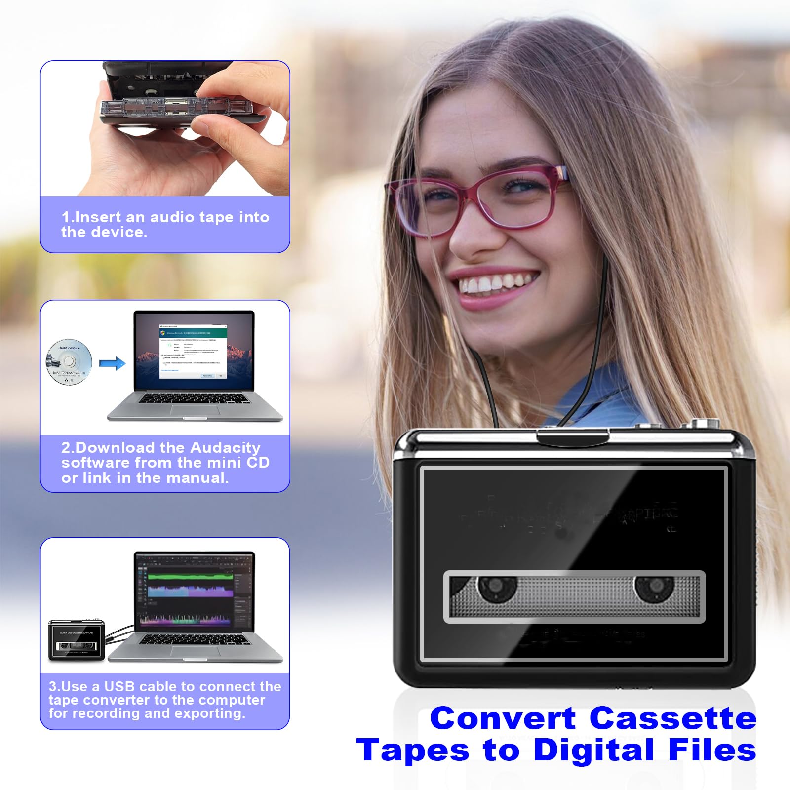 Lecteur de Cassettes Portable, Convertit Les Cassettes en MP3, Compatible avec Ordinateur/Portable, Retour Automatique – Enregistrement Numérique de Musique sur Cassette