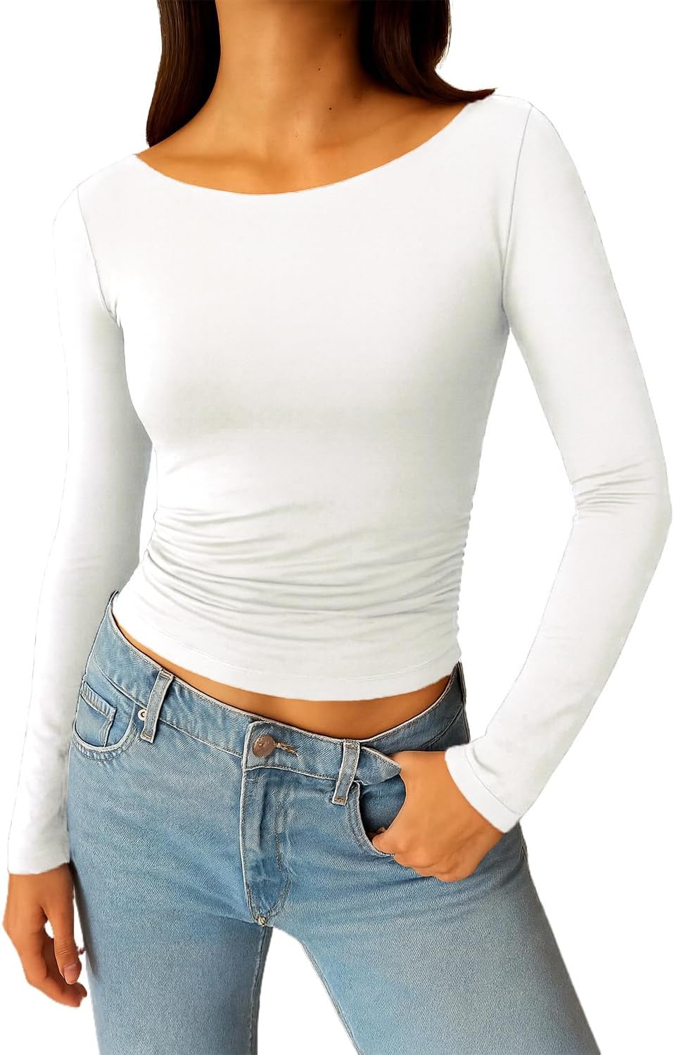ForeFair Long Sleeve Going Out Top - Women Shirt Boat Neck Double Lined Crop Tight Ruched T Shirts