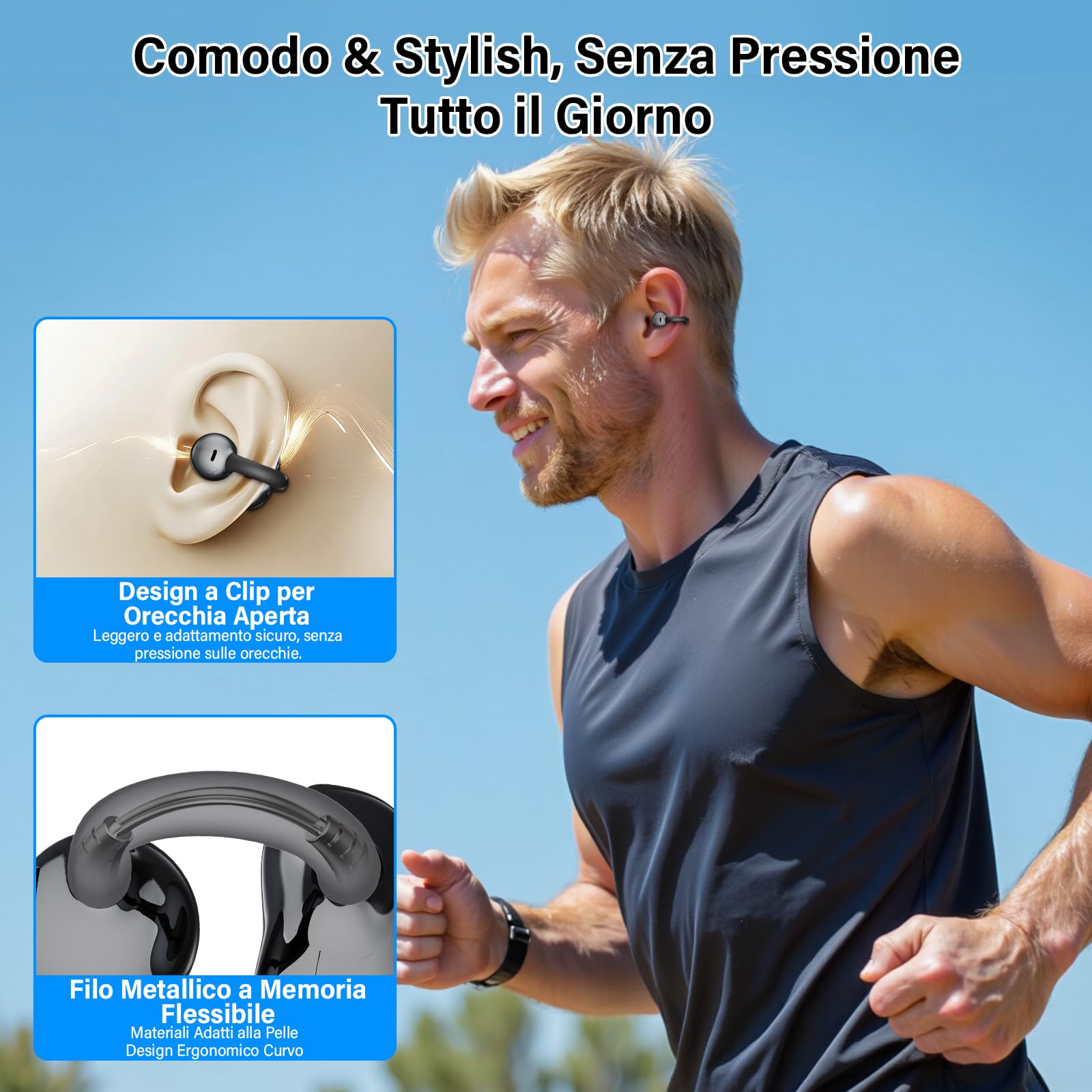 Cuffie sportive a conduzione ossea,design innovativo con clip auricolare per corsa e fitnes,durata della batteria di 180 ore,vestibilità sicura, resistenti all'acqua e alla polvere(Nero)