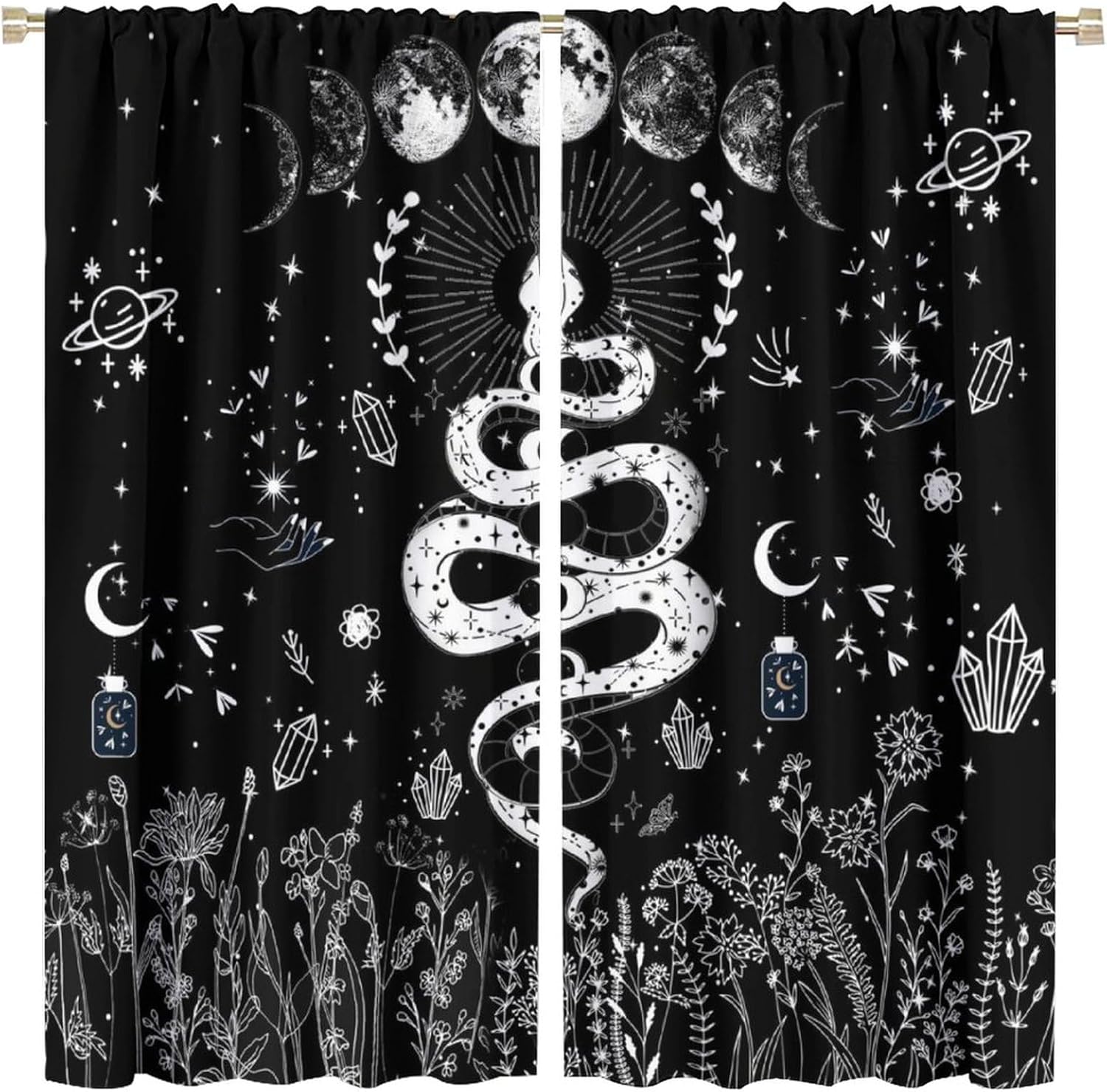 Vintage Gothic Wildlife Snake Curtains for Living Room, Rustic Galaxy Constellation Full Moon Forest Floral Leaves Rod Pocket Thermal Insulated,Window Curtains 2 Panels 63" L x 31.5" W