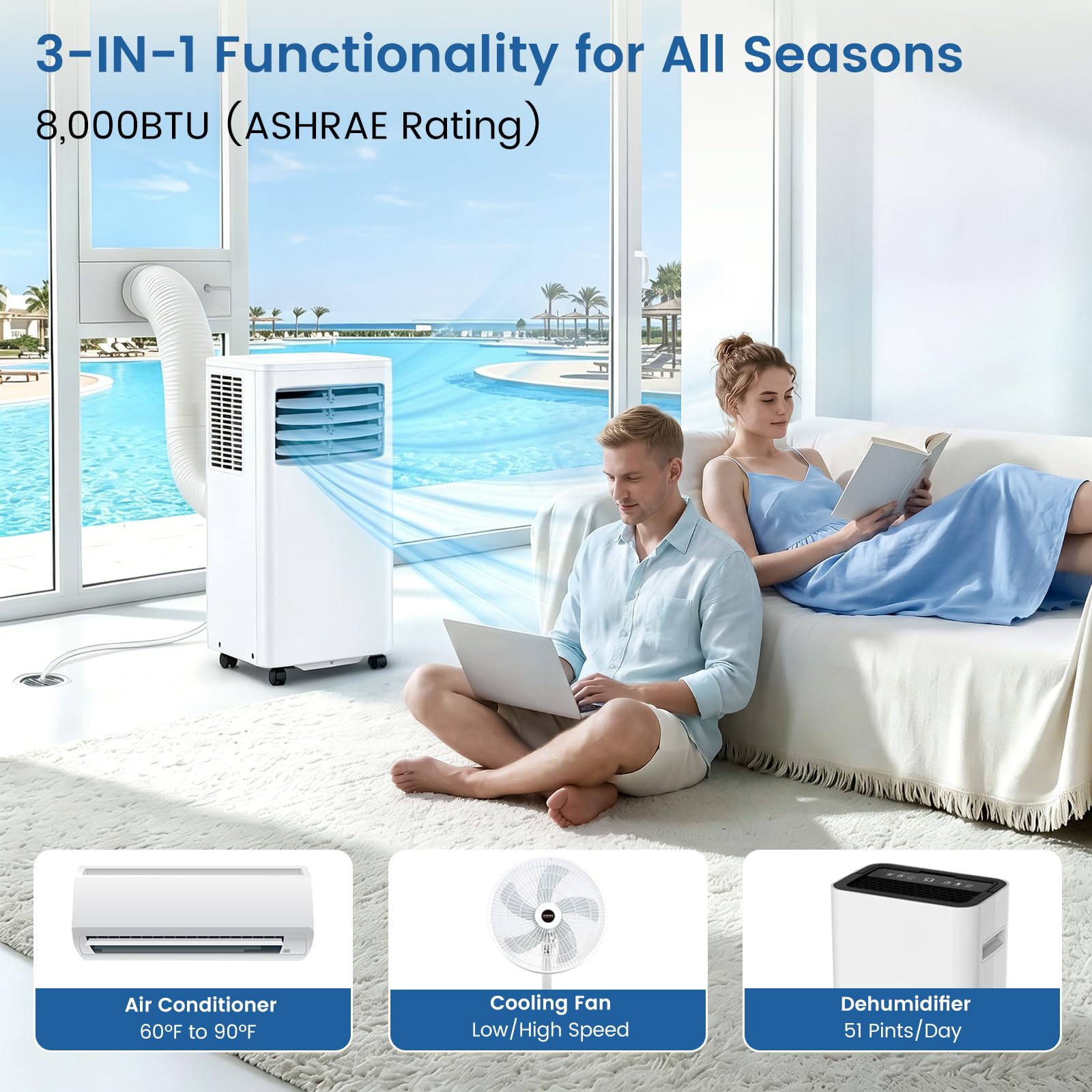Electactic - Aire acondicionado portátil 8.050 BTU, ventilador deshumidificador de CA 3 en 1 con visualización LED, control remoto, silencioso, modo de reposo, ruedas de 360°, kit de ventana para