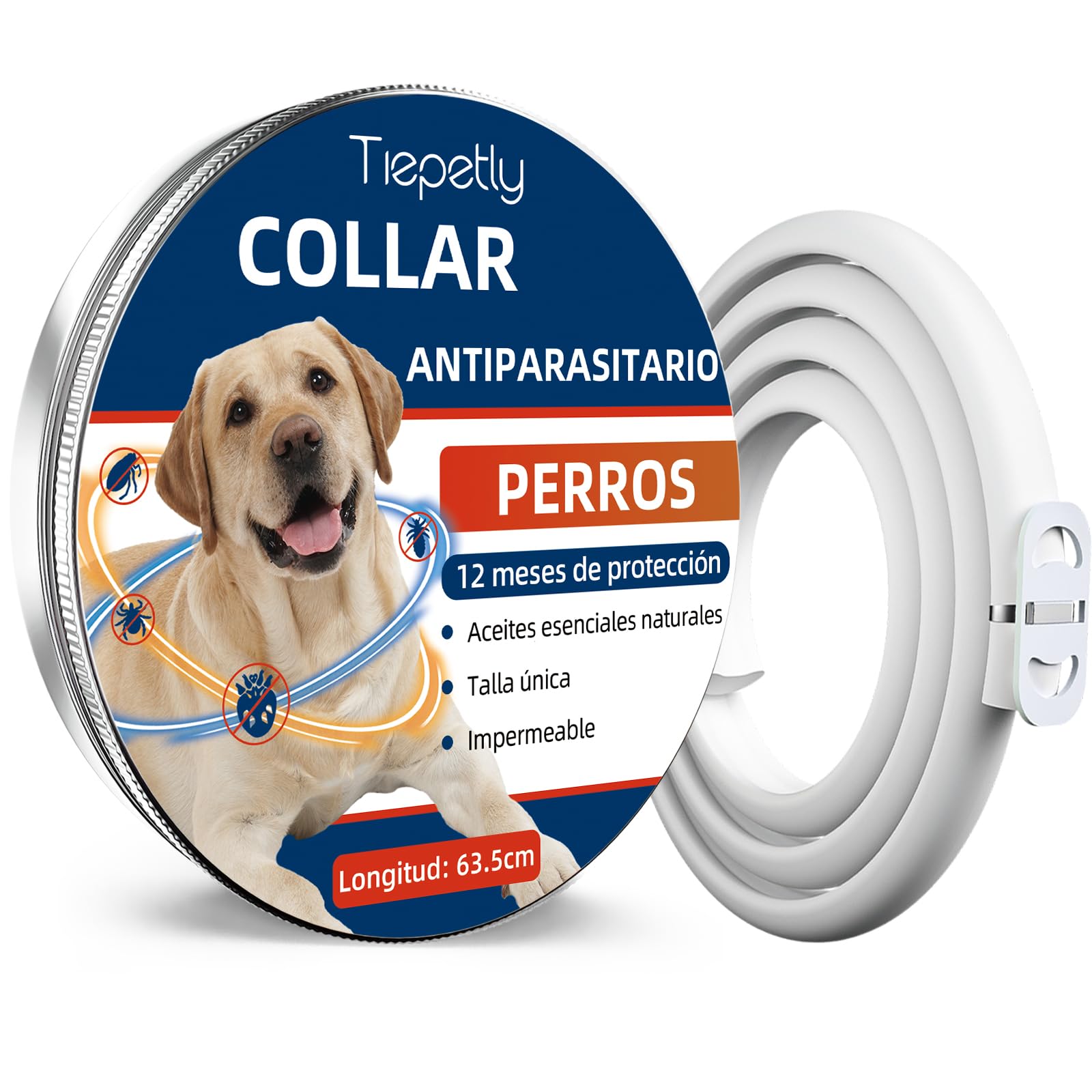 Tiepetly Collar Antiparasitario Perros, Elimina Pulgas, Garrapatas, Piojos, Adecuado para Todos los Perros, Collar Antipulgas Perro con Aceites Esenciales 100% Naturales, Ajustable (63.5cm, 1pack)
