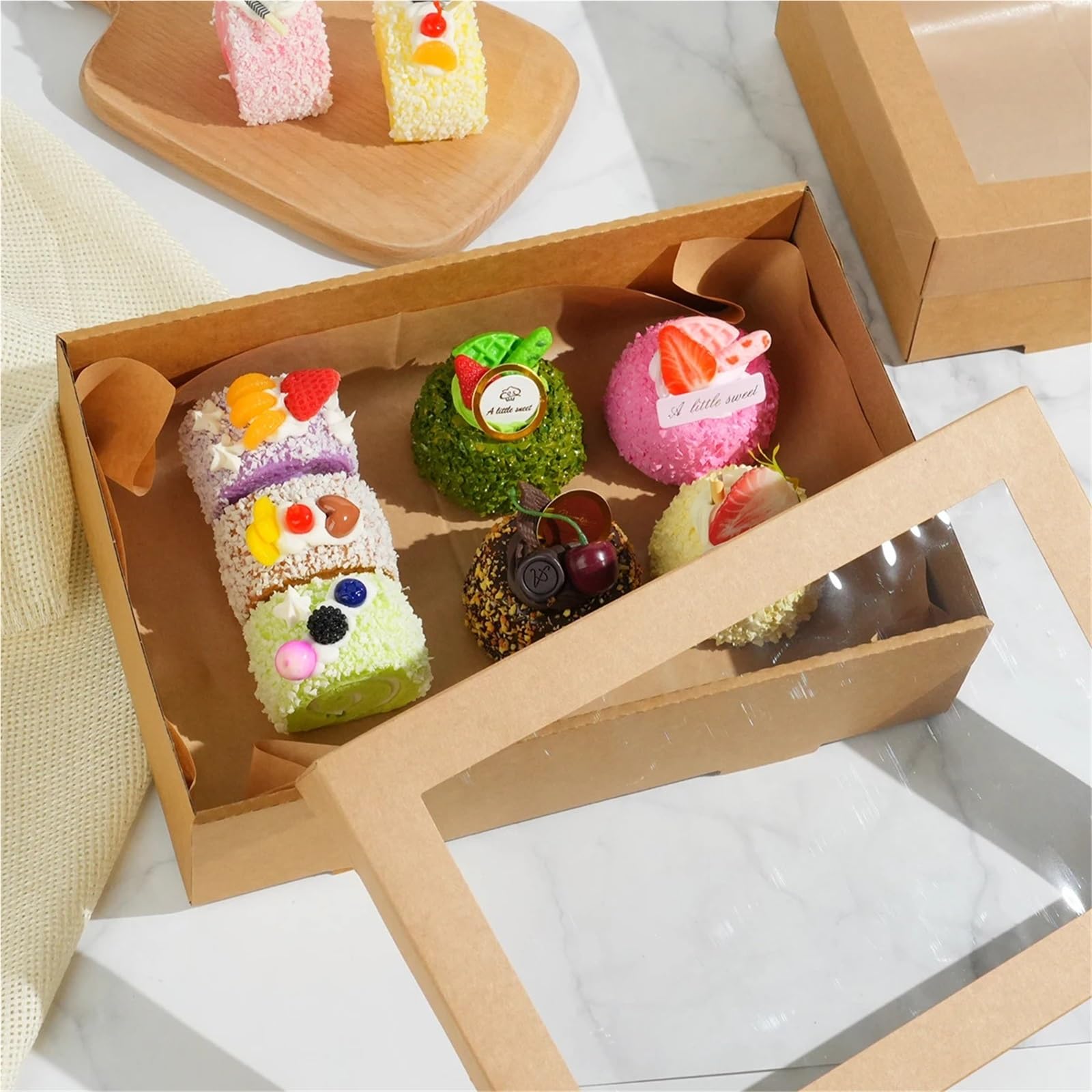 Caja Tarta de Cartón Con Ventana Transparente Cajas de papel Kraft marrón con ventana, caja cartón for comida pícnic al aire libre, Donuts, 2-4 Uds(L 45X31X8cm,2pcs)