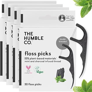 The Humble Co. Floss Picks (200 Count) – Plant Based Dental Floss Picks for Superior Oral Care, Dental Hygiene, and Gum Health, Cruelty Free Tooth Floss Picks (Charcoal, Double Thread)