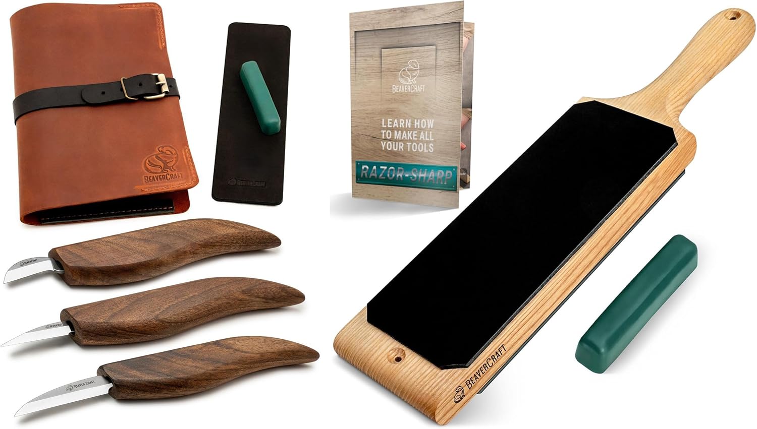 BeaverCraft S15X Deluxe Wood Carving Whittling Knives Set with Leather Case LS1P1 Leather Paddle Strop 15 x 3 IN with Polishing Compound Whittling Kit Premium Wood Carving Tools Knife Strop