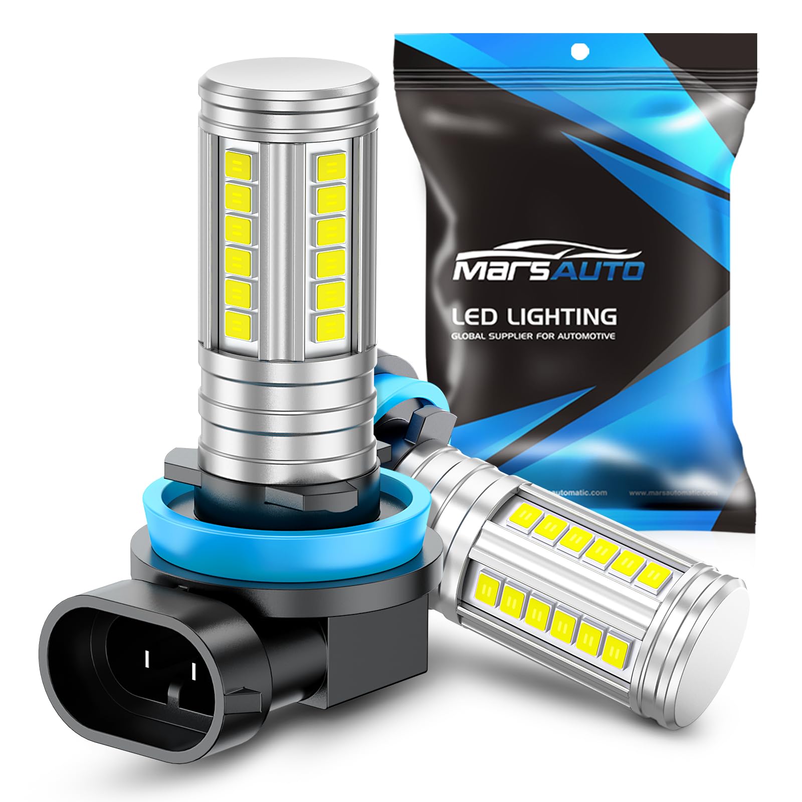 Marsauto H11/H8 LED Fog Light Bulb, 12,000 LM 600% Brightness H8 H16 Fog Light Bulbs, 360° Illumination Upgraded 60 Pcs Chips, 6500K White 1:1 Mini Size H11 Led Fog Lights Pack of 2