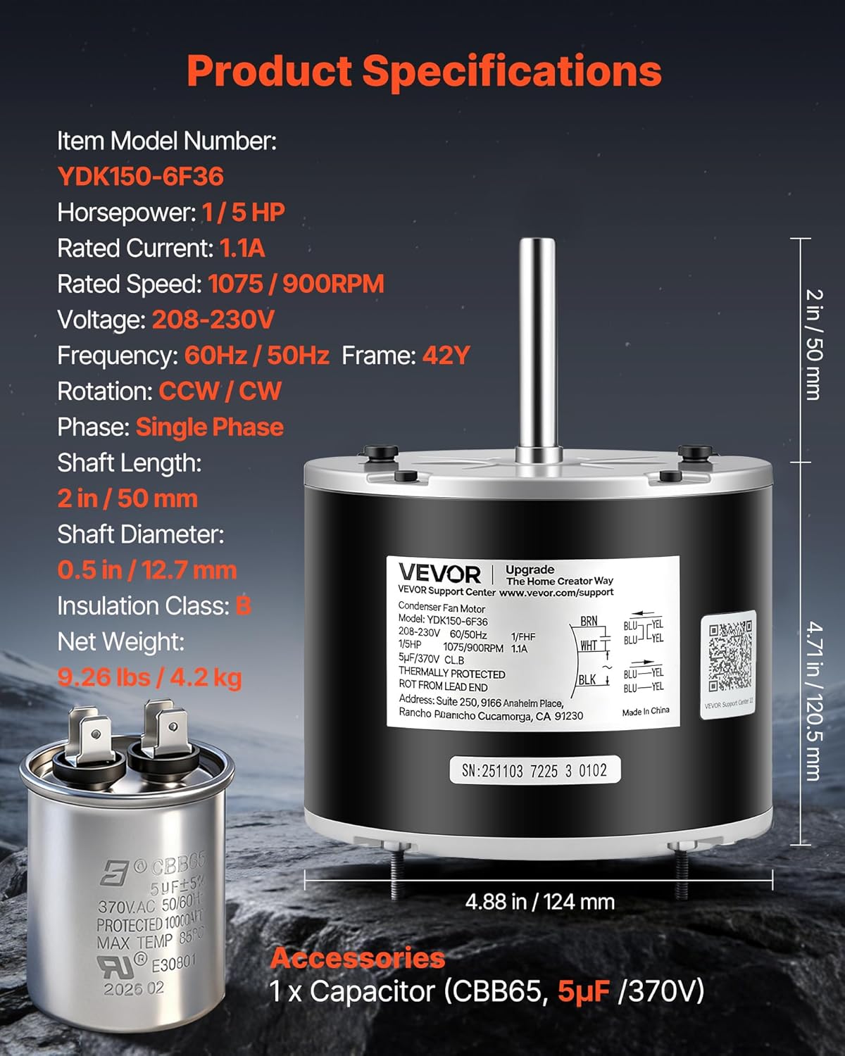 VEVOR Condenser Fan Motor with Capacitor, 1/5HP 1075/900RPM 208-230V, Replaces 12Y75, 97M49, 100483-02, 43W49, Compatible with Lennox Interlink Emerson K48HXGCK-4210 K48HXGFG-4294 YFK-150-6