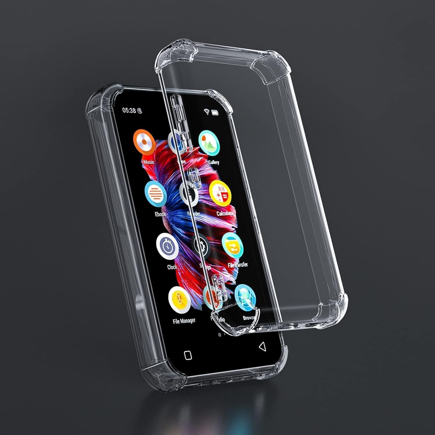 TIMMKOO MP3 player with the clear protective case partially applied, showing the installation process.