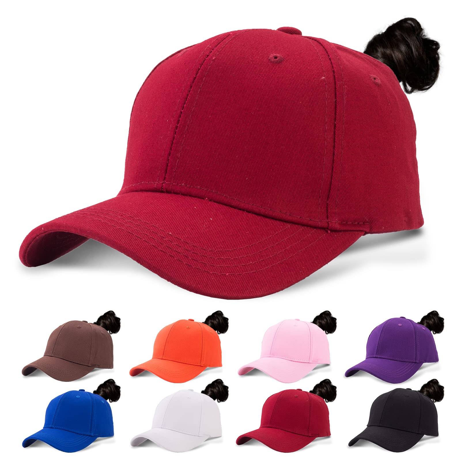 Fchui Women's Red Ponytail Baseball Cap Quick Drying High Messy Bun Ponycap Trucker Hats Outdoor Sports Hat With Ponytail Hole Adjustable Travel Summer Hat (Red)