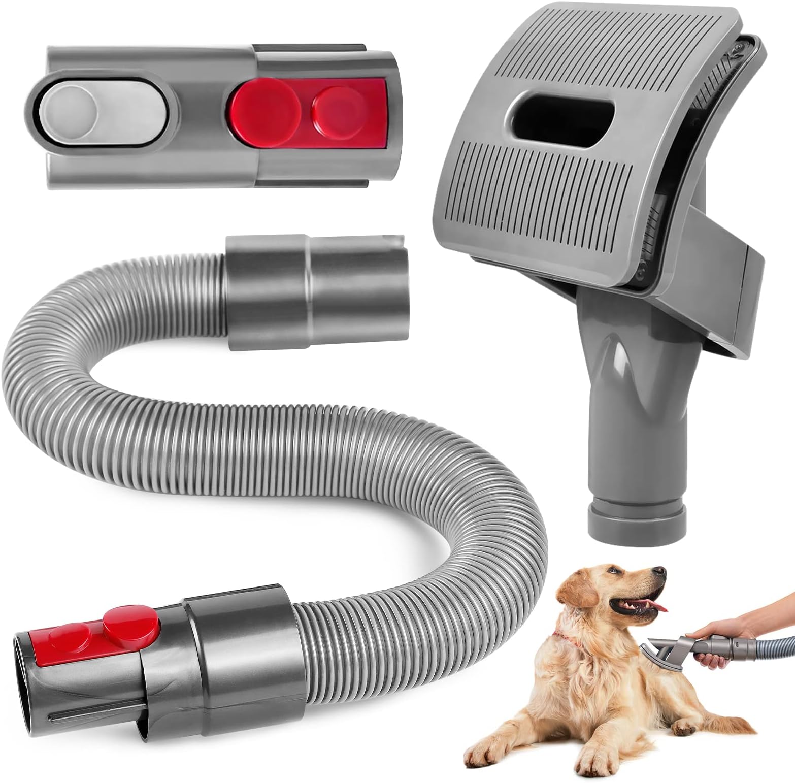 KEEPOW 3 Pcs Groom Tool Attachments Compatible with Dyson V15 V11 V10 V8 V7 Vacuum Cleaners, Pet Dog Grooming Brush, Extension Hose & Converter Adapter