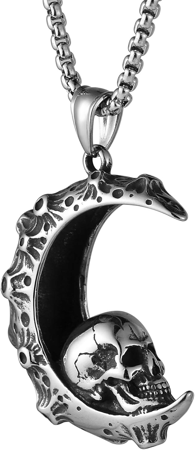 HZMAN Mens Women Gothic Retro Moon Crescent Skull Stainless Steel Pendant Necklace 22+2 Inch Chain - Image 3