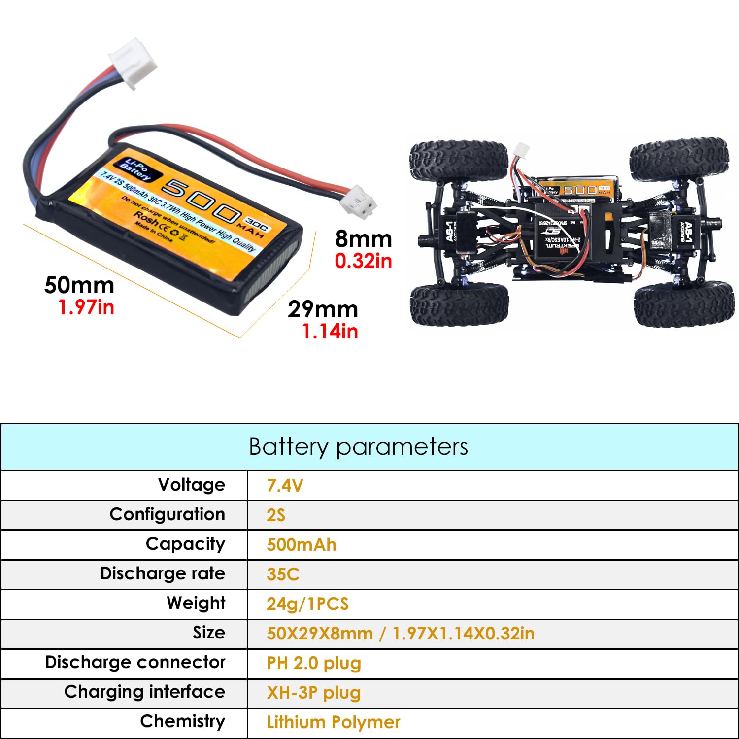 Batterie LiPo RC Pack 2 Batteries Li-ion 7.4V Chargeur - Pour Voitures RC Et Drones Chargeur Lipo 2s
