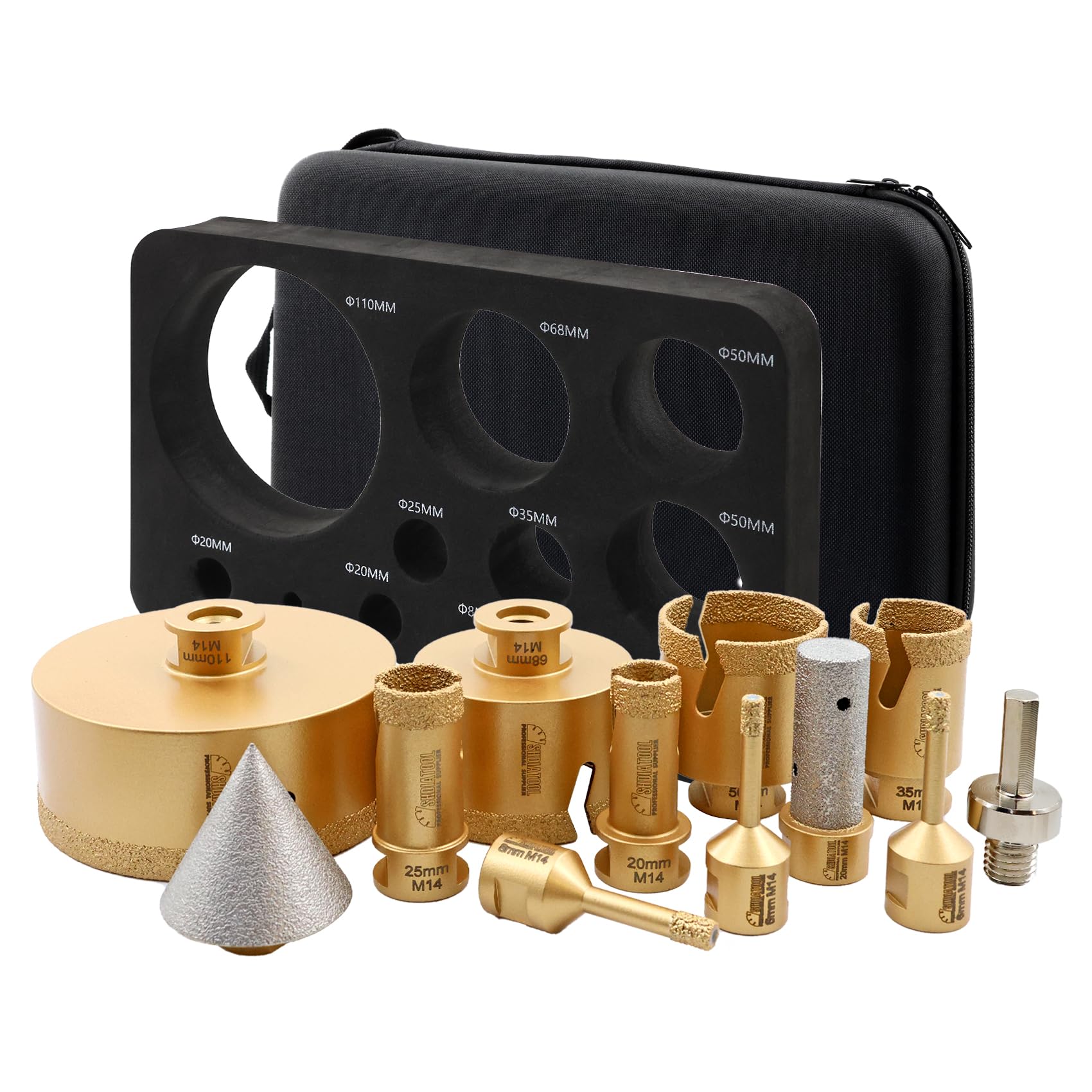 SHDIATOOL Broca de Diamante 12pcs (6/6/8/20/25/35/50/68/110+20mm Finger Milling Bit+50mm Broca biseladora+Hex) Kit de sierra de corona Brocas para azulejos para Porcelana Cerámica Mármol Rosca M14