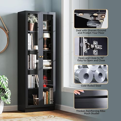 Miniatura 7 de IRONMIX Gabinete de almacenamiento de metal con puertas, estantería frontal de vidrio de 5 niveles con estantes ajustables, estantería de 70