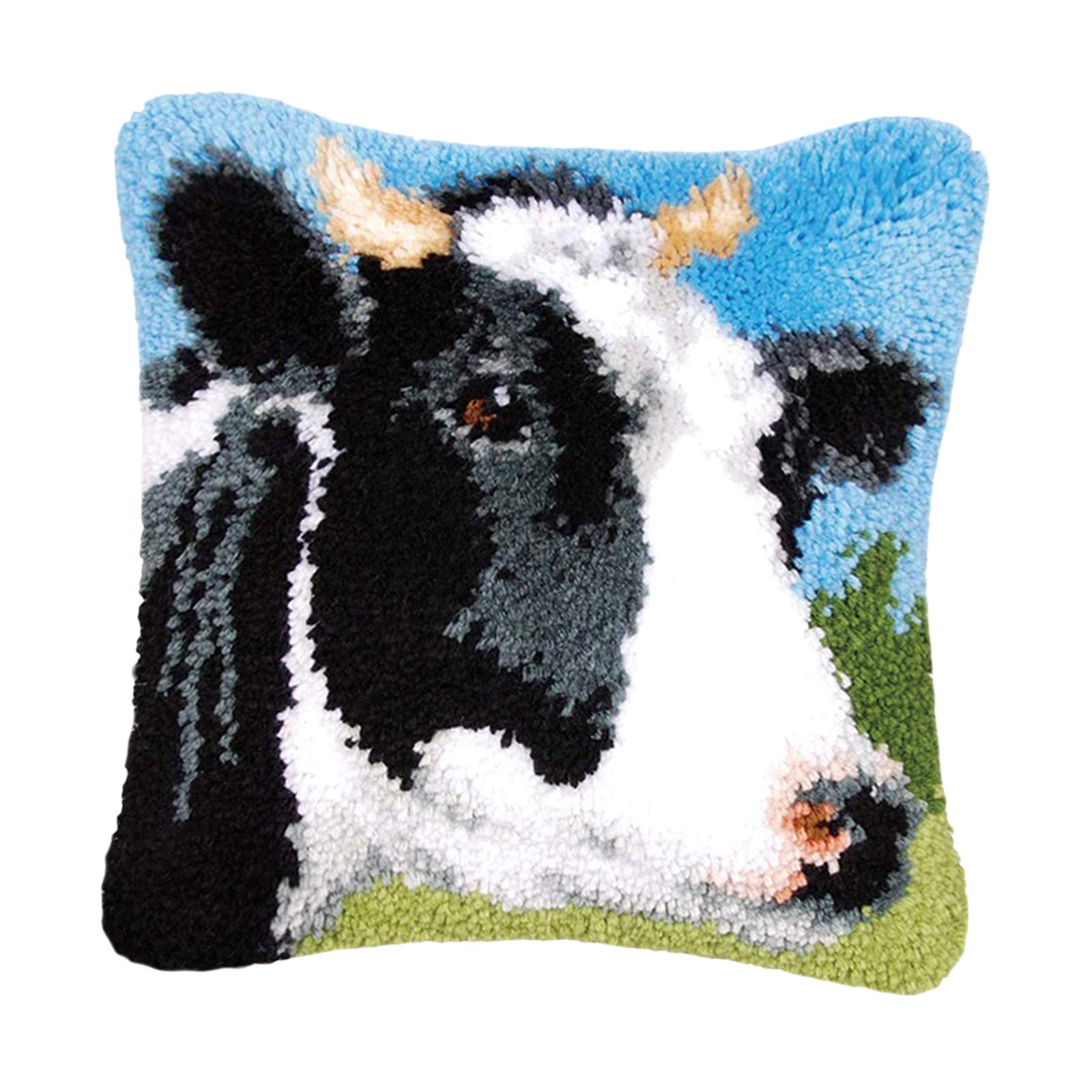 Milageto 17x17 in DIY Latch Hook Kit Rug Making Crafts for Kids and Adults Embroidery Carpet Cushion Bolster Pillowcase Needlework Sewing Tool, Cow, 43x43cm