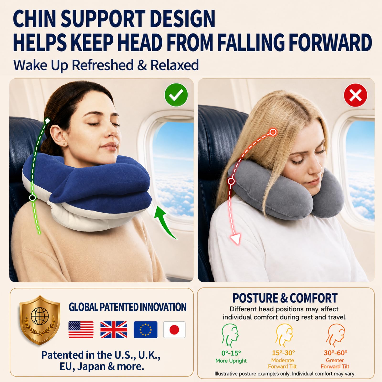 BUYUE Cojín cervical de viaje para aviones, reposacabezas 360° para dormir durante vuelos largos, kit con antifaz para los ojos 3D perfilado, tapones para los oídos y bolsa de almacenamiento (Adultos
