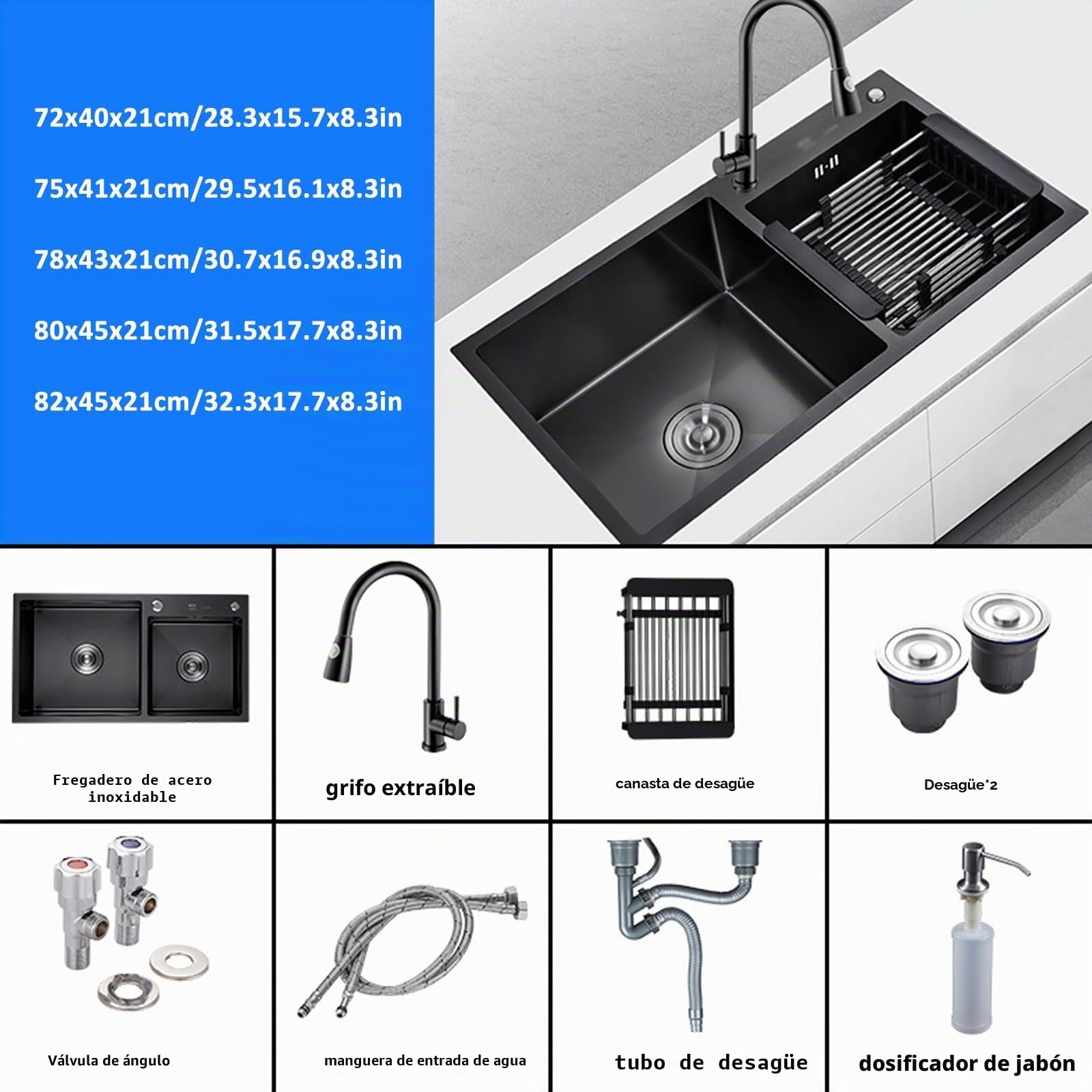 Fregadero De Cocina Negro Fregadero De Dos Senos Fregadero De Gran Capacidad Grifo Negro Acero Inoxidable Grueso Incluidos Los Accesorios (S : 82x45x21cm)