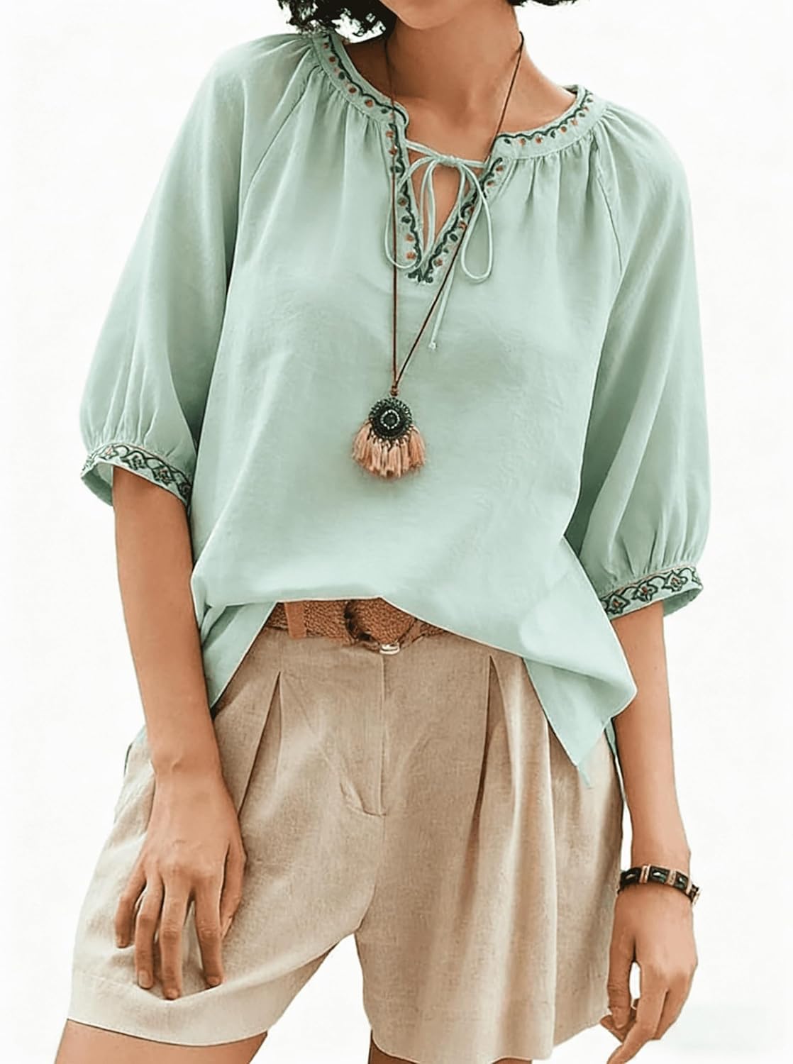 Women's Short Sleeve V Neck T Shirts Embroidered Tops Spring Summer Beach Vacation Clothes 2026