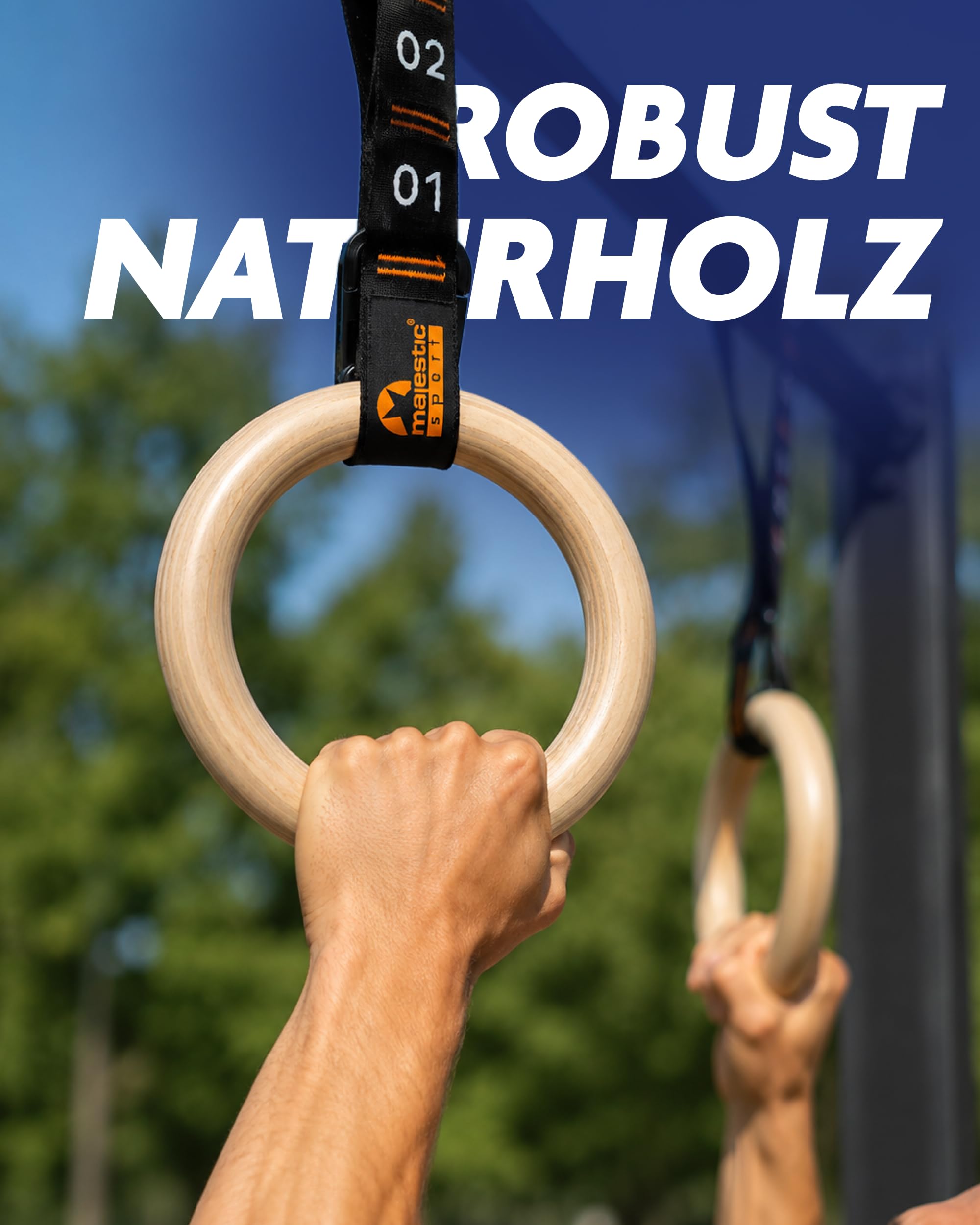 Turnringe Holz - Gymnastikringe mit 34 Verstellstufen, Ø 23,5 cm Naturholz, hochfeste Nylon-Gurtbänder & Stahlkarabiner - Gym Rings für Calisthenics, Klimmzüge & Dips, Indoor & Outdoor