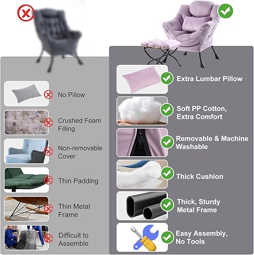 Miniatura 6 de Silla perezosa con otomana, silla de acento moderna con cojín lumbar, sillas cómodas con reposapiés plegable para recámara, lectura, sillas de ocio