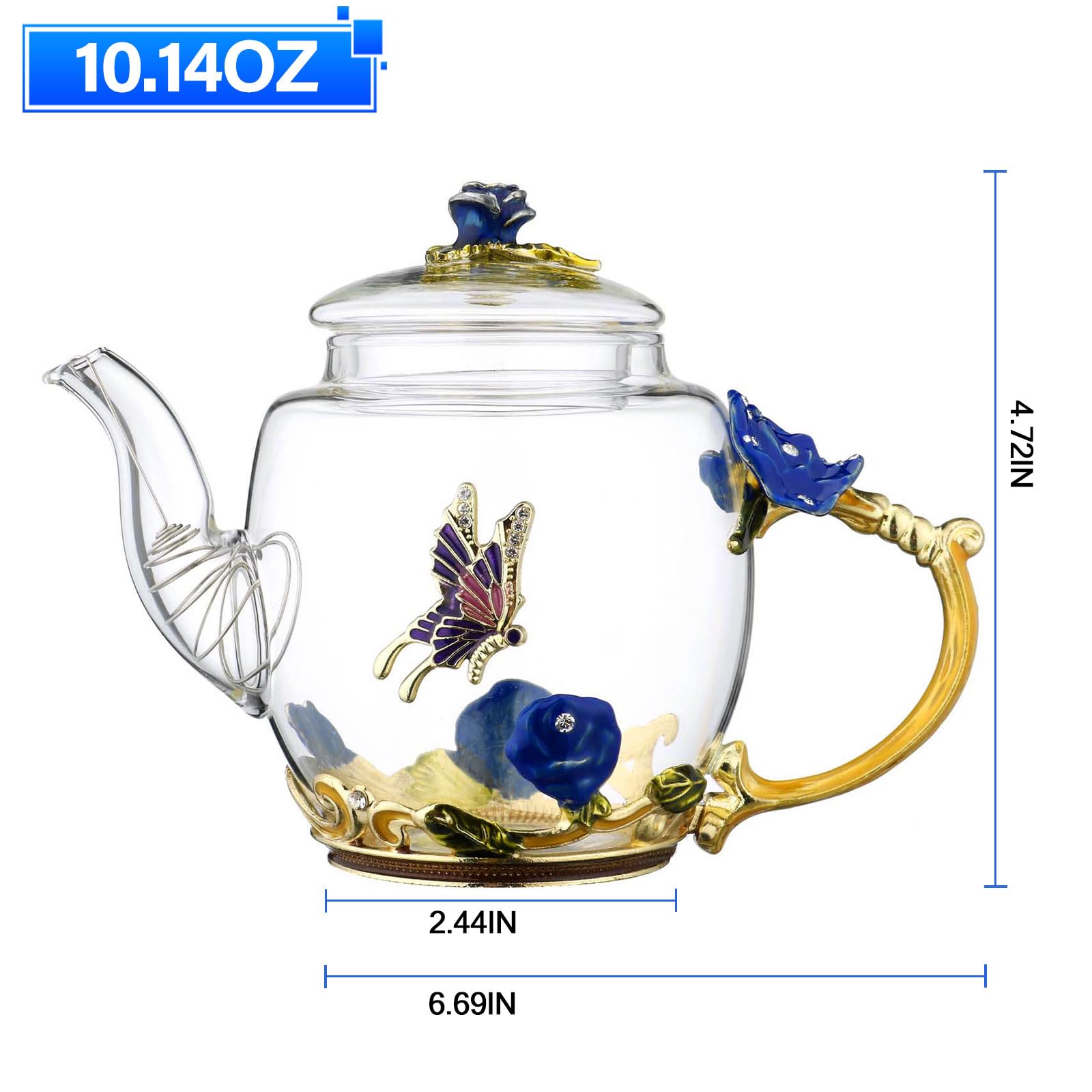 Glass Teapot -300 ml (10 oz) - Blue Rose Flower Butterfly Decoration Heat Resistant Glass Teapot Kettle Loose Leaf Teapot Tea Party Set (Blue)