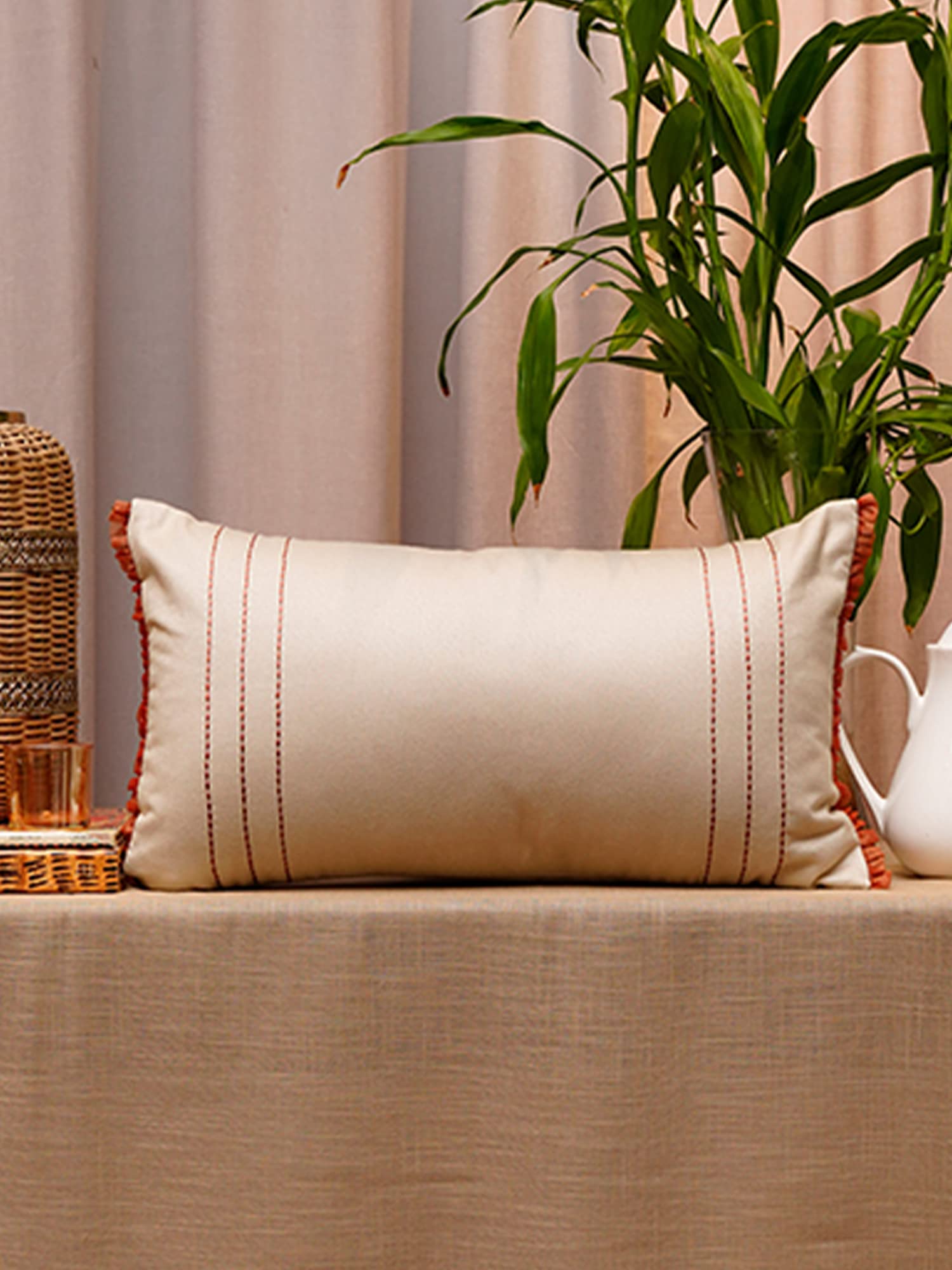 ZEBA World Embrodiered Rectangular Cushion Cover with Frills - Decorative | Sofa, Bedroom, Couch | Polyester with Chawal Taka - Beige - 12x22 inch (30x56 cms) (Pack of 1)