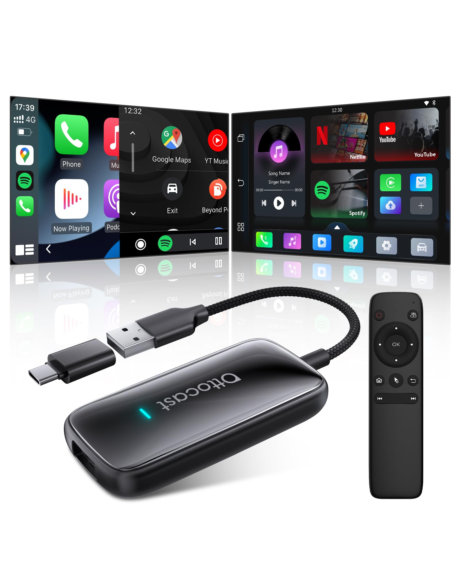 OTTOCAST Play2Video Ultra, Adaptador CarPlay Inalámbrico 3 en 1, Adaptador Android Auto con Netflix & Youtube, WiFi 6 + Chip 5G, Control Remoto, Reproducción USB sin conexión, para Coches Desde 2016