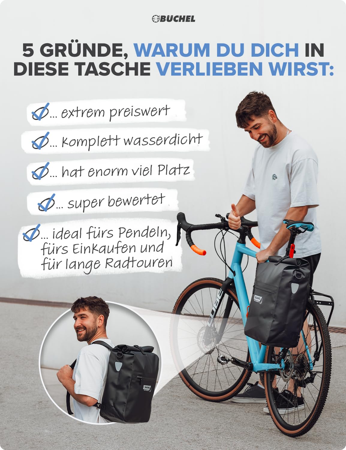 Borsa Bici 3 In 1 Impermeabile, 28L, Portapacchi, Scomparto