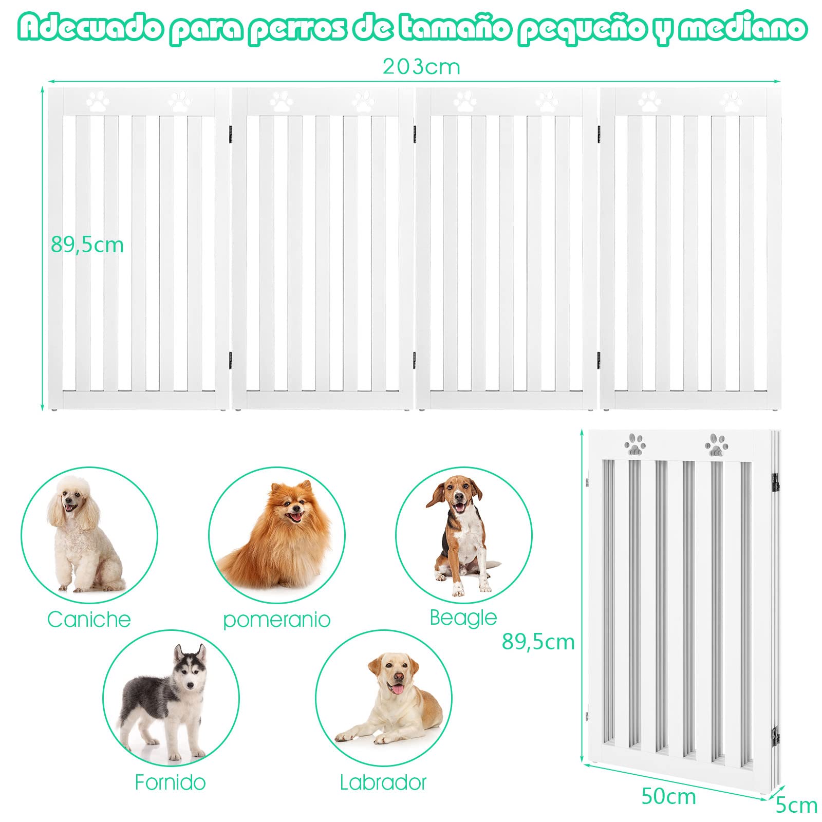 COSTWAY Cerca de Madera para Mascotas, Cerca Plegable para Perros con Bisagras Flexibles a 360° y 4 Paneles, Valla Interna 89,5 cm para Mascotas para Casa Escalera (Blanco, 4 Paneles)