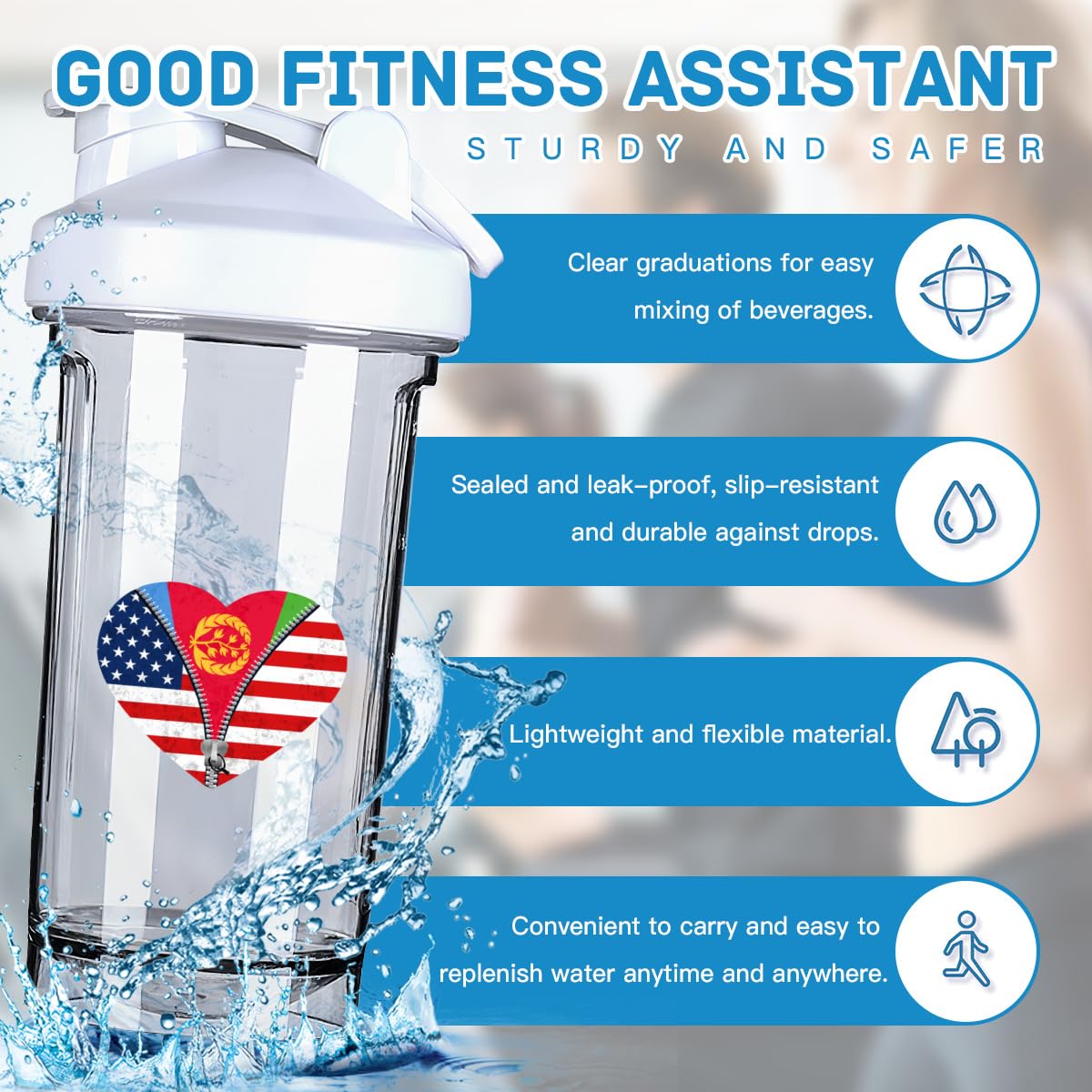 Heart America Flag and Eritrea's Flag 18 Ounce Shaker Cup,Fashion Theme Pattern Shaker Bottle Leak-proof Workout Shake Bottles 500ML/18 oz Perfect for Pre Workout