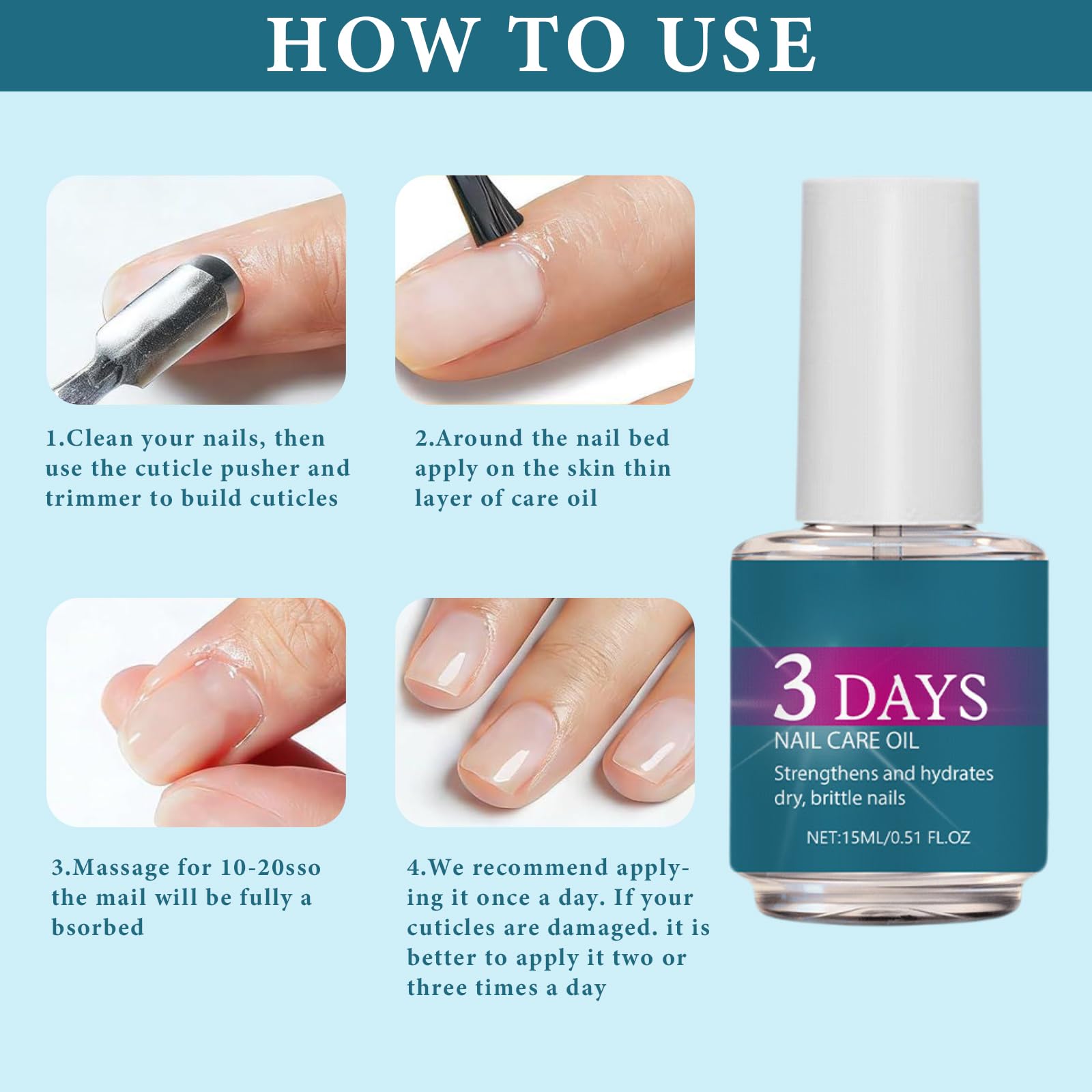 3 Pièce 3 Days Nail Care, Huile Cuticule Léger Pas Gras Absorption Rapide Ongles Forts et Brillants Réparation des Fissures Nourriture Profonde avec 1 Nail Care Pen